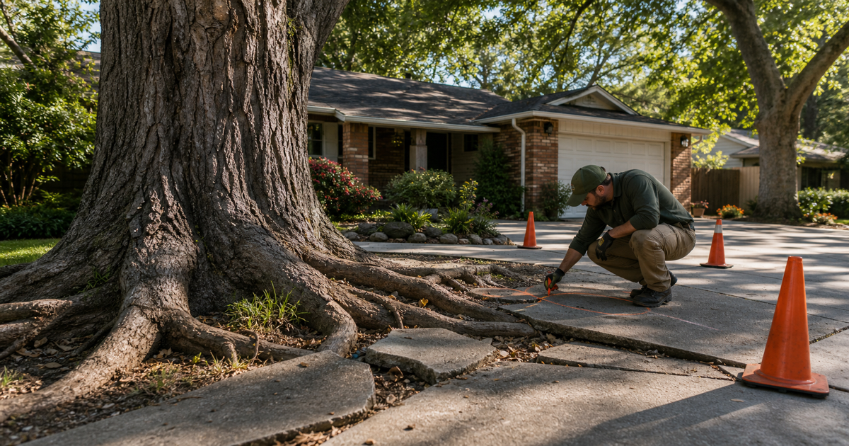 Mature Fair Oaks shade tree roots lifting driveway and sidewalk concrete while a contractor marks root-safe repair areas