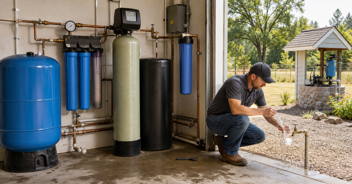Orangevale well water filtration setup with pressure tank, sediment filters, plumbing, and a contractor testing water on a larger lot