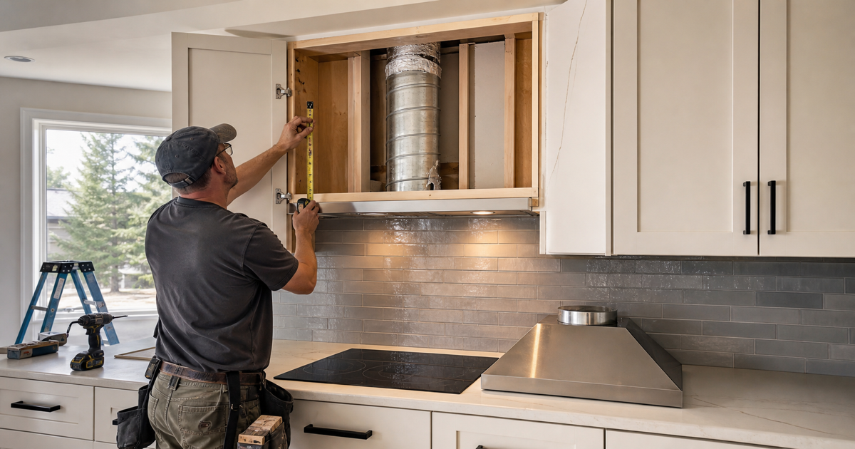Contractor measuring a Rocklin kitchen range hood duct route with an upper cabinet opened, vent pipe exposed, and hood insert staged before remodel work
